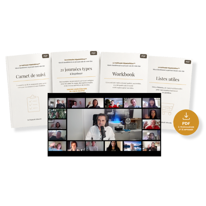 Bonus du programme Hépato-Détox — carnet de suivi, journées types, workbook, listes utiles et sessions live